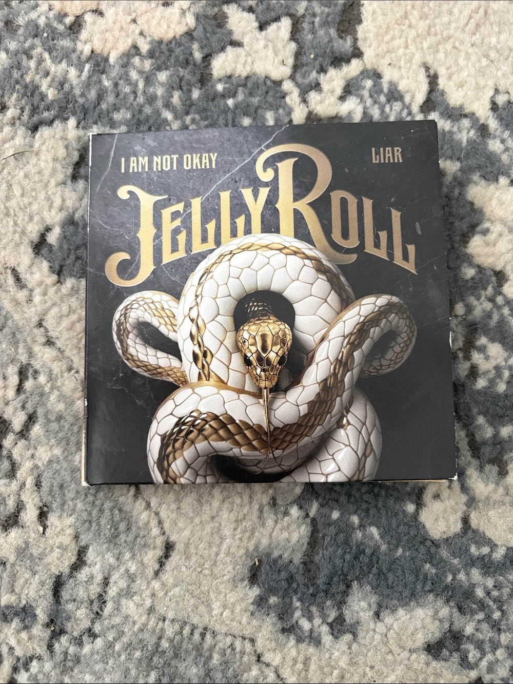 'Jellyroll tiny vinyl I Am Not Okay / Liar' Artwork Print - White & Gold Snake